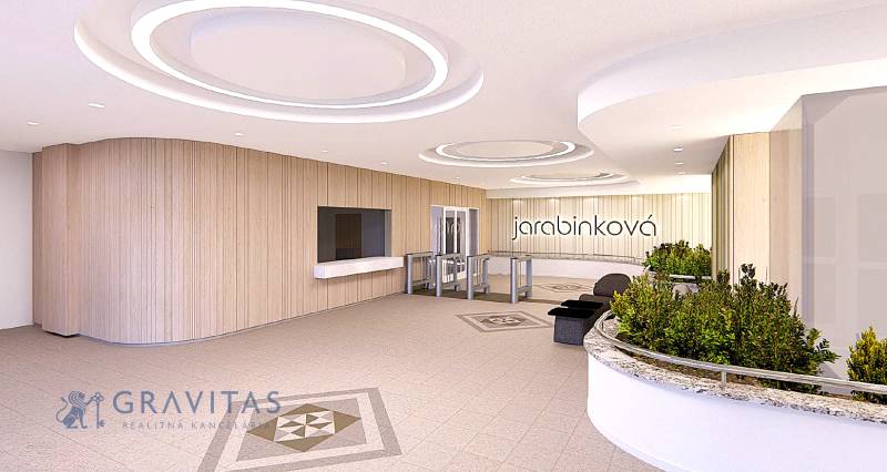 Kancelárie na prenájom: od 20m2 | Jarabinková ulica - Recepcia kancelárií s členeným stropom, rastlinami a podlahou s geometrickým vzorom.