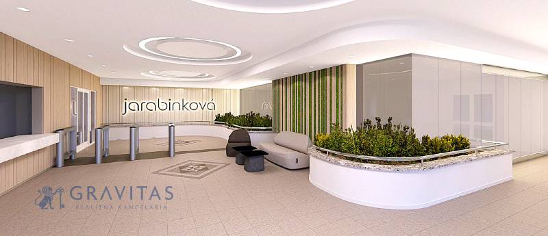 Kancelárie na prenájom - od 20m2 | Jarabinková ulica - Recepcia kancelárií s osvetlením a rastlinami, Jarabinková.