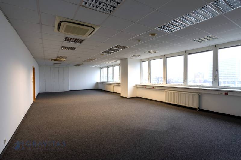 Kancelárie na prenájom - od 20m2 | Jarabinková ulica - Prázdne kancelárie s kobercom, veľkými oknami a stropným osvetlením.