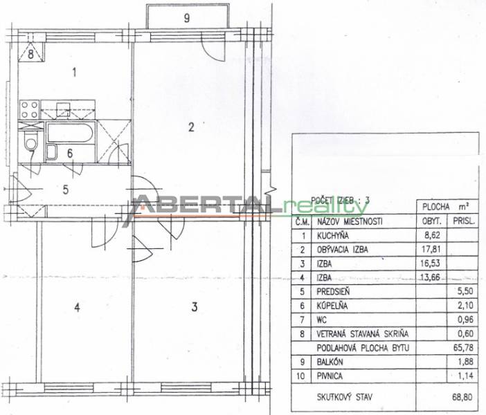 Predaj - 3 izbový byt,  69 m2, balkón,  ul.ČSA, KE - Staré Mesto - Pôdorys 3-izbového bytu so skladbou miestností a balkónom.