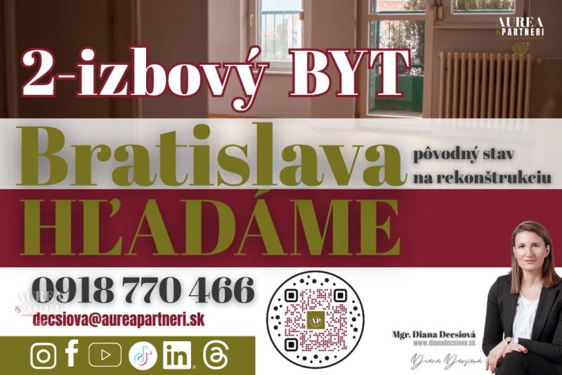 KÚPA 2-IZB BYT pôvodný stav Bratislava-hľadáme pre záujemcov z obhliad - Hľadanie 2-izbového bytu v Bratislave na rekonštrukciu, kontakt a QR kód.