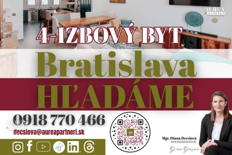 KÚPA 4-IZB BYT  Bratislava- hľadáme pre záujemcov z obhliadok - Hľadanie 4-izbového bytu v Bratislave s kontaktnými informáciami a QR kódom.