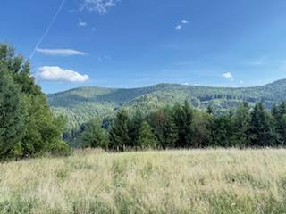 Chata pred dokončením, pozemok 770 m2, Horná Maríková - Horská krajina pri Hornej Marikovej s lúkou a lesmi pod modrou oblohou.