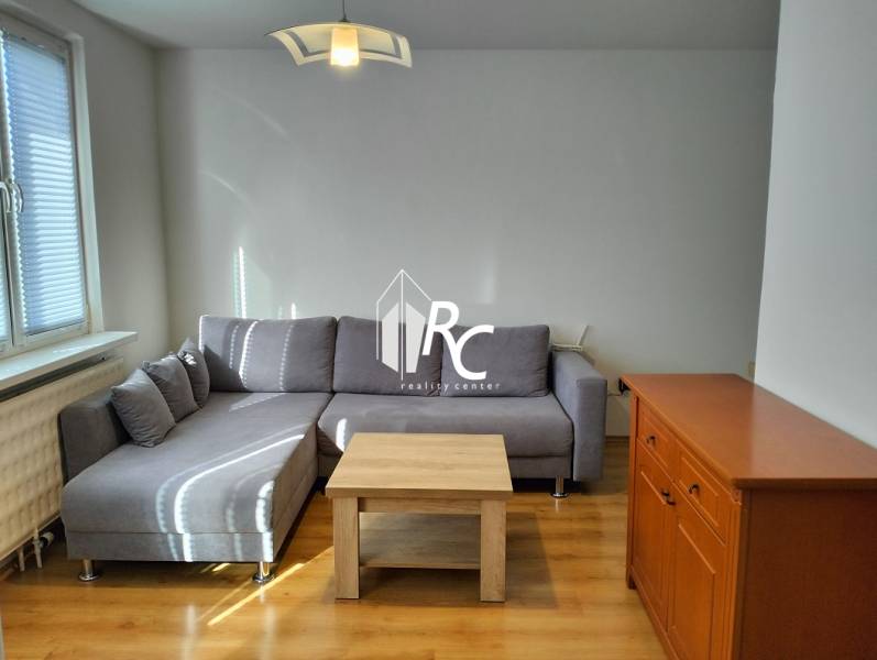 Prenájom 1-izbového bytu s energiami, Martin - Jahodníky - Obývacia izba 1-izbového bytu so sivým gaučom, podlahou s dreveným dekorom a dreveným nábytkom.