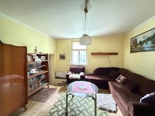 Rodinný dom (chalupa) na veľkom pozemku, Krúd - Bodovka - Obývacia izba s kobercami, knihami, hnedým gaučom a podlahou s dreveným dekorom v rodinnom dome.