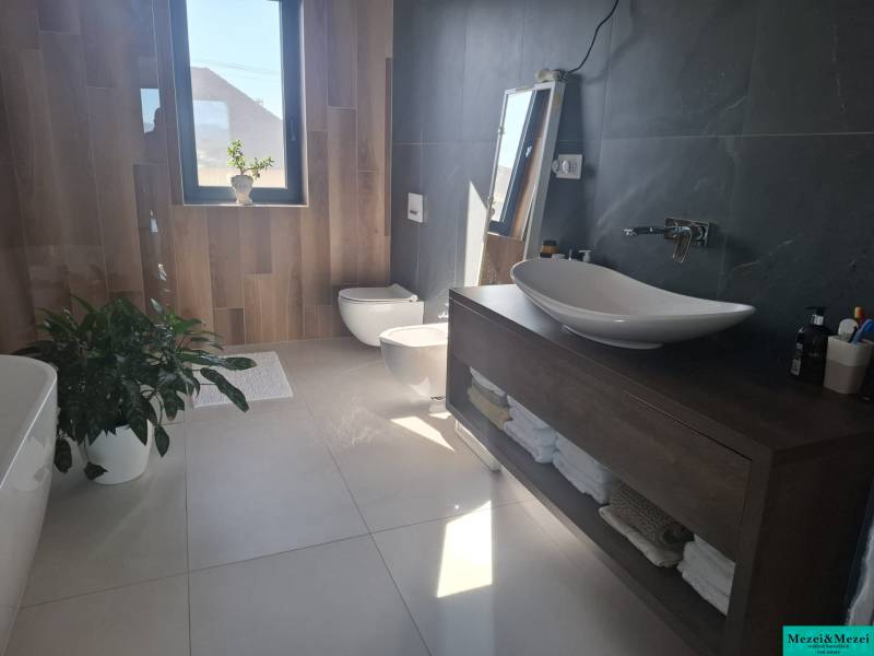 Moderný rodinný dom so záhradou, bazénom a nadštandardným priestorom - Kúpeľňa v rodinnom dome s vaňou, umývadlom, bidetom a dekoratívnou zeleňou.