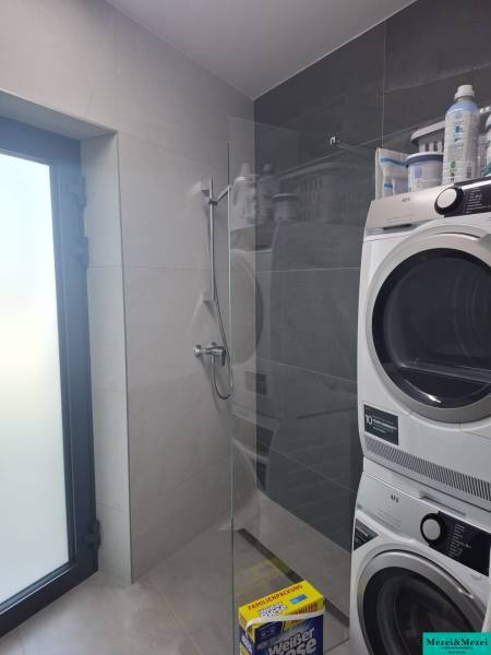 Moderný rodinný dom so záhradou, bazénom a nadštandardným priestorom - Kúpeľňa v rodinnom dome s práčkou a sprchovým kútom.