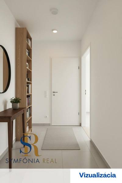 4-izbový rodinný dom Galanta – HODY - bez rezervačnej zálohy - Vstupná chodba v rodinnom dome so zrkadlom, policou a kobercom.