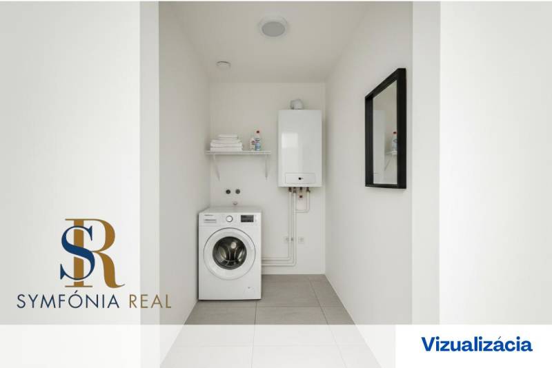 4-izbový rodinný dom Galanta – HODY - bez rezervačnej zálohy - Práčovňa s práčkou a bojlerom, biele steny, podlaha s dekorom dlaždíc, Rodinný dom.