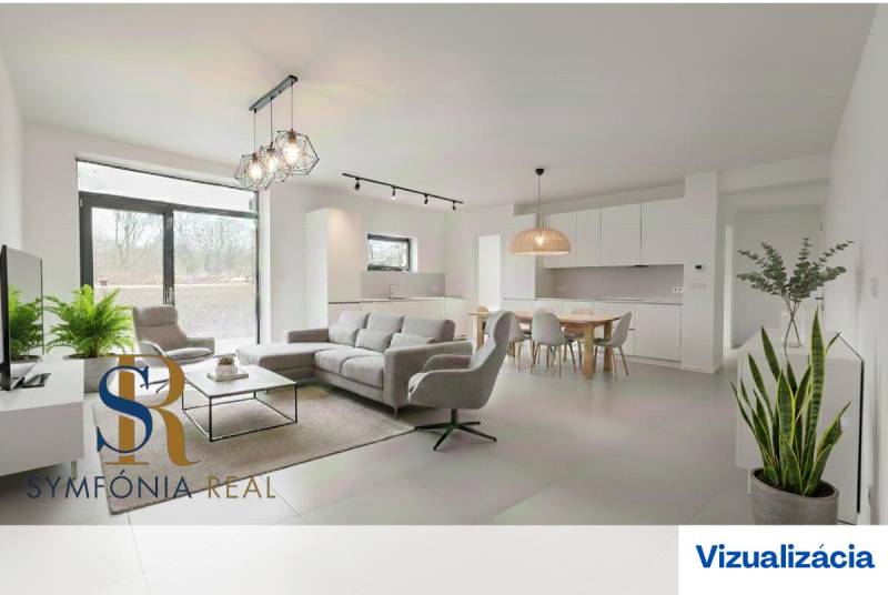 4-izbový rodinný dom Galanta – HODY - bez rezervačnej zálohy - Obývacia izba s kuchyňou, sivým nábytkom a jedálenským stolom v rodinnom dome.