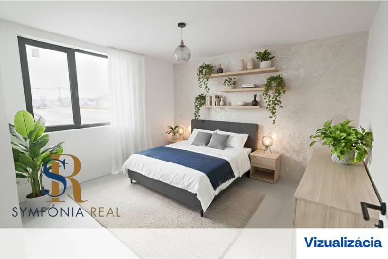 4-izbový rodinný dom Galanta – HODY - bez rezervačnej zálohy - Spálňa rodinného domu s dekoratívnymi rastlinami a dreveným nábytkom.