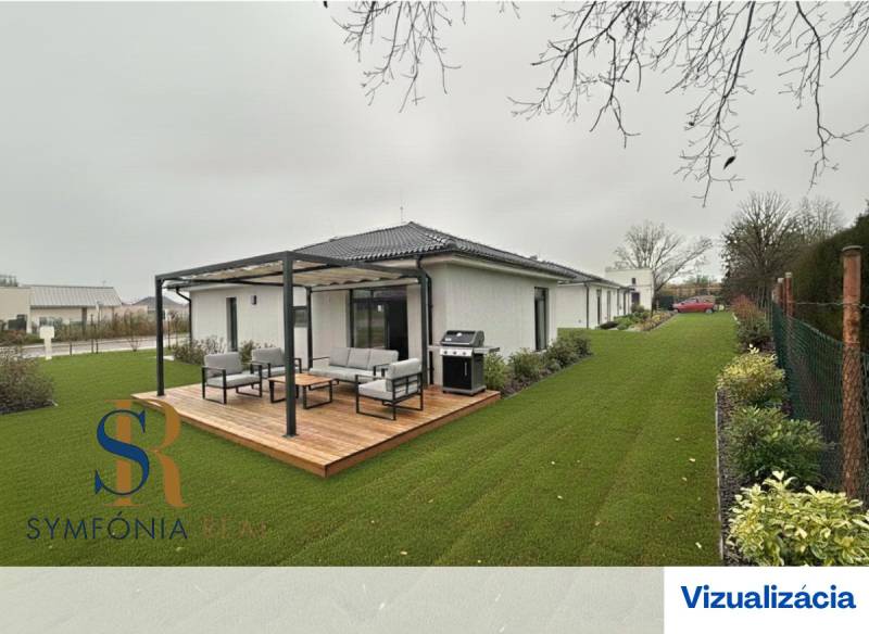 4-izbový rodinný dom Galanta – HODY - bez rezervačnej zálohy - Rodinný dom v Galante s terasou, moderným záhradným nábytkom a trávnikom bez listov.