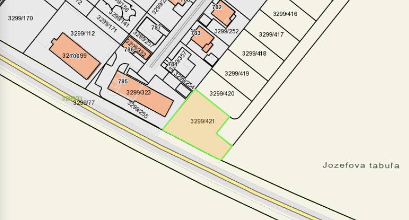 I Na predaj komerčný stavebný pozemok – Kráľová nad Váhom - Katastrálna mapa pozemkov - komerčné v Kráľovej nad Váhom, zvýraznený pozemok s číslom 3299/421.
