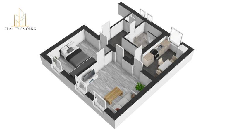 EXKLUZÍVNE: Priestranný 2-izbový byt s vlastnou malou záhradkou v srdc - Obývacia izba a kuchyňa v 2-izbovom byte s podlahou s dreveným dekorom.