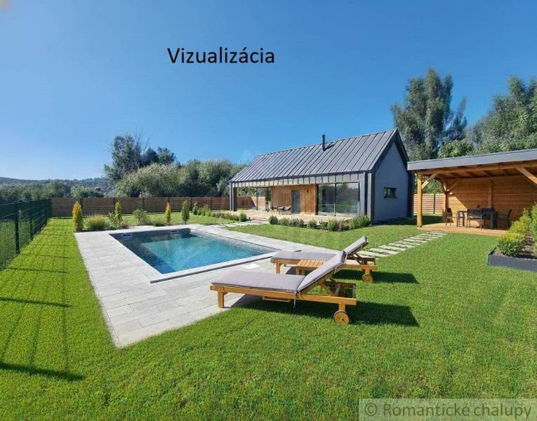 Stavebný pozemok pri Nitre so stavebným povolením v tichej lokalite - Vizualizácia domu s bazénom a altánkom na pozemku v Hosťovej, vhodné na bývanie.