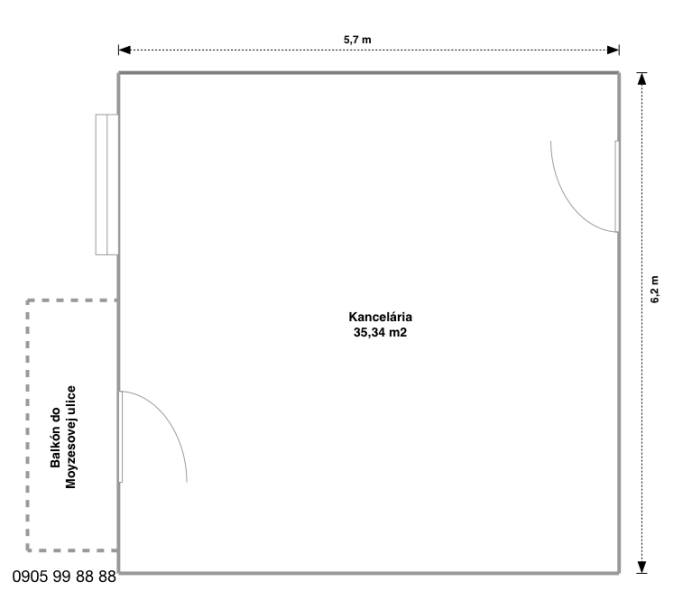 Priestor na prenájom - 35 m2 - Moyzesova, Košice - Pôdorys kancelárie 35,34 m² s balkónom do Moyzesovej ulice, mestská časť Staré Mesto, Košice.