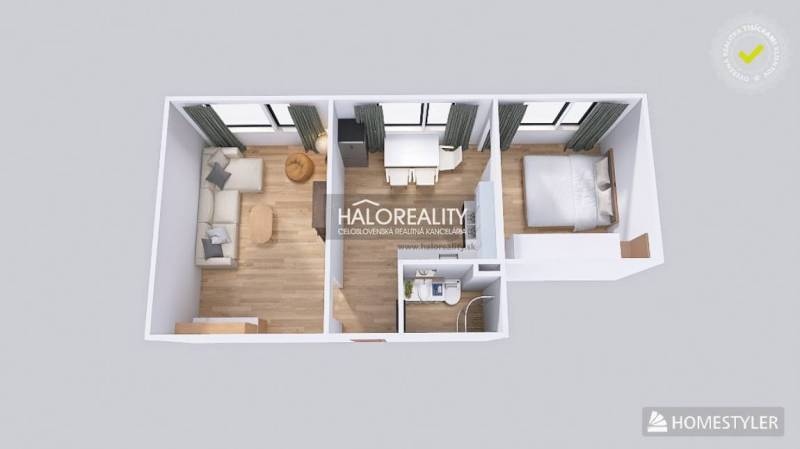 Prenájom, dvojizbový byt Nováky - Pôdorys 2-izbového bytu s podlahou s dreveným dekorom, pracovný a obývací priestor.