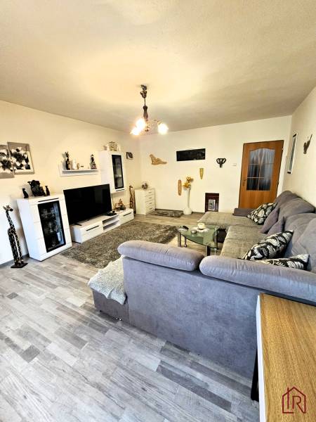 Predaj 5-izbový dom v Kameňanoch, okres Revúca - Obývačka v rodinnom dome s podlahou s dreveným dekorom, šedou sedačkou a moderným osvetlením.