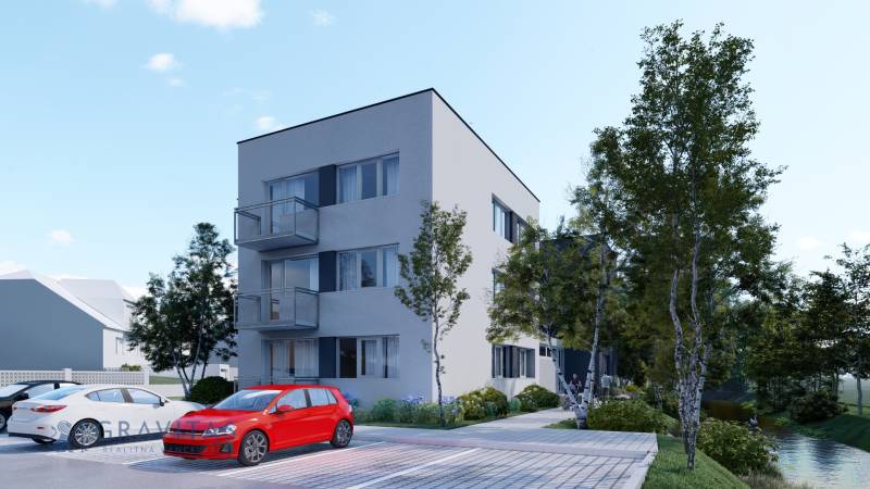 Pozemok s rozostavanou stavbou pre 12 bytov, Senica - Bytovka obklopená zeleňou a parkoviskom, ideálne miesto pre bývanie a relax.