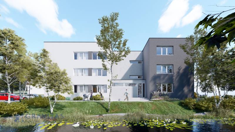 Pozemok s rozostavanou stavbou pre 12 bytov, Senica - Budova na pozemku pri jazierku, ideálna pre bývanie, obklopená prírodou.