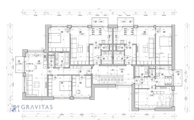 Pozemok s rozostavanou stavbou pre 12 bytov pri Senici - Architektonický pôdorys, developerské pozemky, detailné izby, kuchyňa, a kúpeľne.