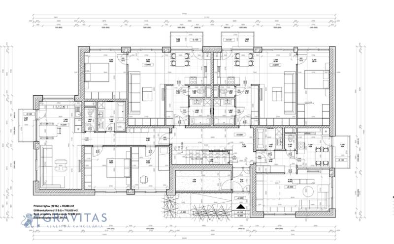 Pozemok s rozostavanou stavbou pre 12 bytov pri Senici - Pôdorys budovy s viacerými bytmi, developerské pozemky, byt 50 m², spoločné priestory.