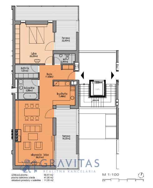 Na predaj veľký 2-izbový byt s terasou a wellness - Koliba - Pôdorys 2-izbového bytu na ulici Tupého s terasou, obývačkou a kúpeľňou.