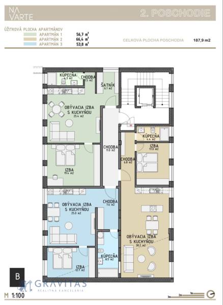 Budova s 8 apartmánmi alebo medicínske centrum - Pôdorys poschodia na ulici Na varte, budova zahŕňa tri apartmány rôznych veľkostí.