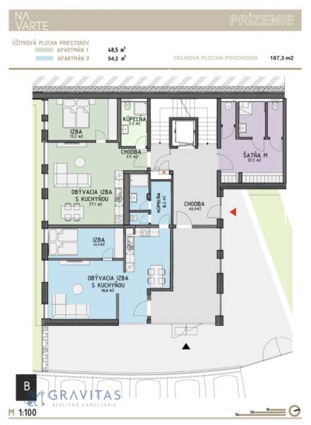 Budova s 8 apartmánmi alebo medicínske centrum - Pôdorys prízemia budovy na ulici Na varte ukazuje apartmány s chodbou a izbou.