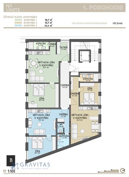 Budova s 8 apartmánmi alebo medicínske centrum - Pôdorys prvého poschodia na ulici Na varte, obsahuje tri apartmány. Budova.