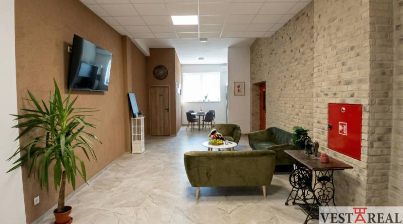 Prenájom klimatizovaná kancelária: 25 m2 a 42 m2 - Trnava Chovateľská - Kancelárie s pohodlným sedením, rastlinou a televíziou, podlaha s dreveným dekorom.