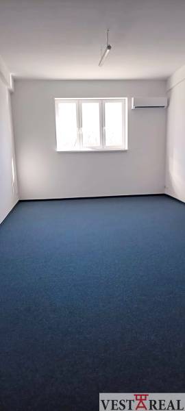 Prenájom klimatizovaná kancelária: 25 m2 a 42 m2 - Trnava Chovateľská - Kancelárie s modrým kobercom a oknom, umiestnené na Chovateľskej ulici v Trnave.