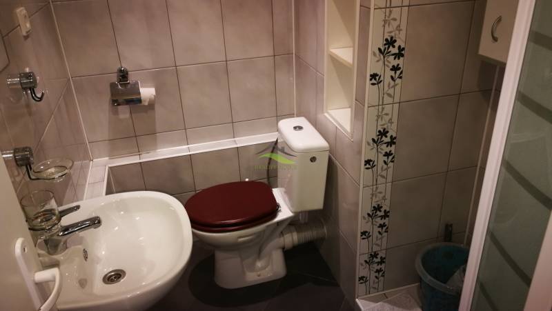 Prenájom Garzónka Mlynská - Kúpeľňa v garsónke s toaletou, umývadlom a kvetinovým vzorom na obkladoch.