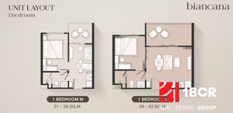 1 SPÁLŇOVÝ APARTMÁN BIANCANA PHUKET - Pôdorysy 2-izbového bytu s rozmermi 31-43 m², vrátane obývacej izby a kuchyne.