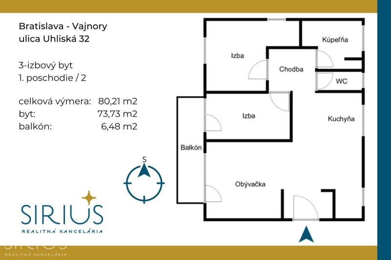 UHLISKÁ, 3-i byt, 80 m2 – zariadená novostavba s parkovaním v cene - Pôdorys 3-izbového bytu na ulici Uhliská, Bratislava - Vajnory, s balkónom.