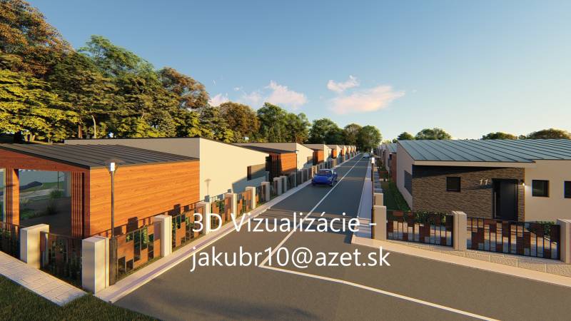TURANY - Veľký stavebný   pozemok v oblasti Trusalová 11 706m - Vizualizácia bungalovov, pozdĺž cesty, obklopené prírodou a rekreačnými pozemkami.