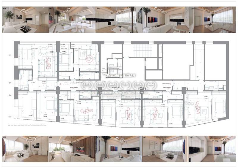 EXKLUZÍVNE: Celé podlažie v centre Piešťan s projektom apartmánov - Interiér s bielym sedením, podlaha s dreveným dekorom, pôdorys. Zvláštne nehnuteľnosti.