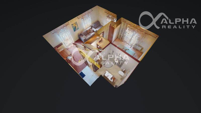 PRENÁJOM 2i apartmán s terasou, parkovaním, Veľká Lomnica - 3D pôdorys 2-izbového bytu s nábytkom a kúpeľňou s toaletou.