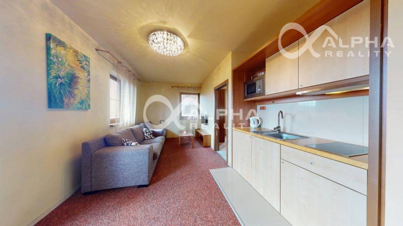 PRENÁJOM 2i apartmán s terasou, parkovaním, Veľká Lomnica - Obývacia časť 2-izbového bytu s kuchynskou linkou, pohovkou a dekoratívnym osvetlením.