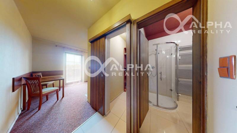 PRENÁJOM 2i apartmán s terasou, parkovaním, Veľká Lomnica - Interiér 2-izbového bytu s kobercom, sklenenou sprchou a drevenými dverami.