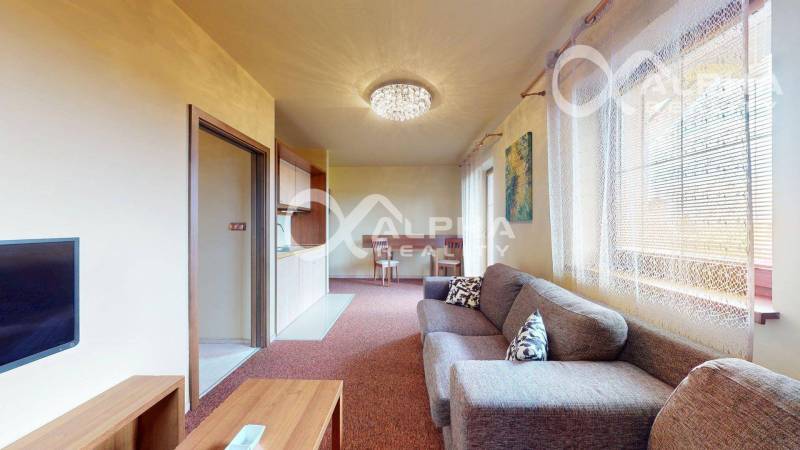 PRENÁJOM 2i apartmán s terasou, parkovaním, Veľká Lomnica - Obývacia izba v 2-izbovom byte s pohovkou a jedálenským stolom.