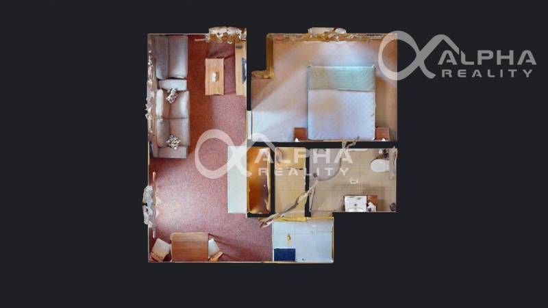 PRENÁJOM 2i apartmán s terasou, parkovaním, Veľká Lomnica - Pôdorys 2-izbového bytu s obývacou izbou, spálňou a kúpeľňou.