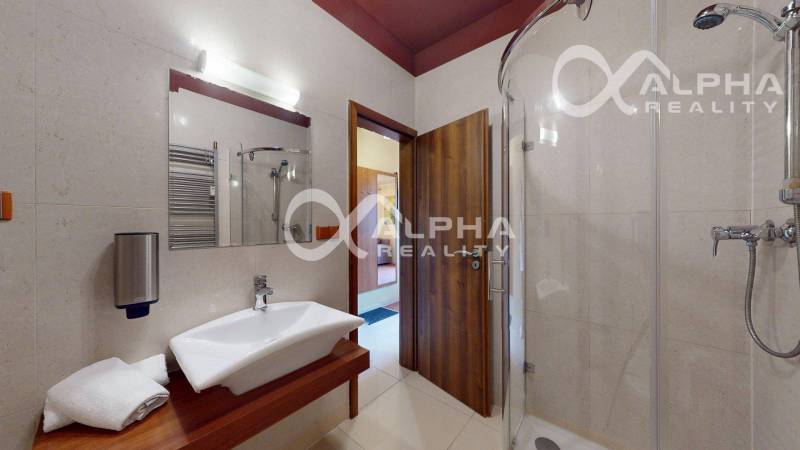 PRENÁJOM 2i apartmán s terasou, parkovaním, Veľká Lomnica - Kúpeľňový interiér v 2-izbovom byte so sprchovacím kútom a umývadlom na drevenom dekore.