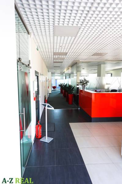 Prenájom kancelárií s TERASOU a výborným parkovaním, 264 m2, Ružinov - Chodba v kanceláriách s červenou recepciou, rastliny v červených kvetináčoch.