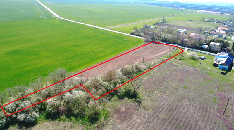 Ondrejovce – 4.665 m2 POZEMOK na rekreačnú chatu na hranici obce - Pozemok v oblasti Záhrady Ondrejovce, obklopený poľom a domami, ohraničený červenou čiarou.