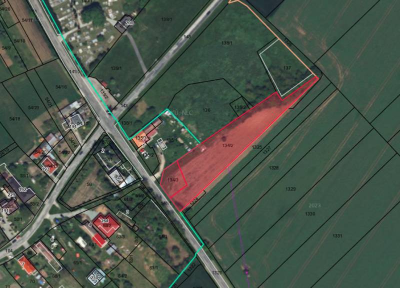 Ondrejovce – 4.665 m2 POZEMOK na rekreačnú chatu na hranici obce - Mapa katastrálnych území s vyznačenými parcelami v Záhradách, Ondrejovce.