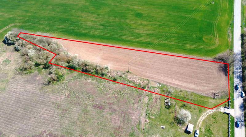 Ondrejovce – 4.665 m2 POZEMOK na rekreačnú chatu na hranici obce - Letecký pohľad na parcely v Ondrejovciach, Záhrady lemované líniou stromov.