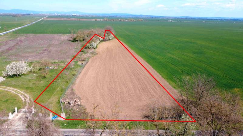 Ondrejovce – 4.665 m2 POZEMOK na rekreačnú chatu na hranici obce - Pole v Ondrejovciach v Záhradách, ohraničené červenou líniou, zeleň naokolo.