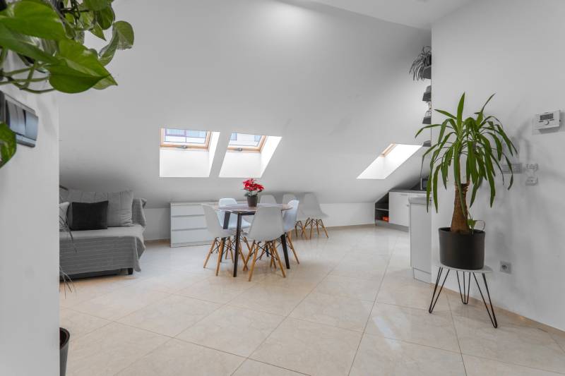 I Exkluzívny penthouse s terasou v absolútnom centre mesta - Priestranný interiér 2-izbového bytu so strešnými oknami, rastlinami a jedálenským stolom.