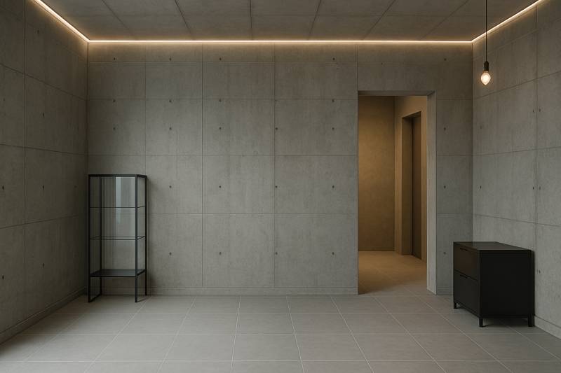 / Predaj nebytového priestoru v Novom Meste (Kramáre) - Minimalistická miestnosť so sklenenou vitrínou a komodou v skladoch a halách.